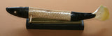 Timor Ethnic Authentic Lime Tribal Container, Unique & Rare Hand Carved Buffalo Horn & Bone receptacle Representing a Barracuda Fish  (14" long) ITEM BN46A comes with handcrafted base, gold and black