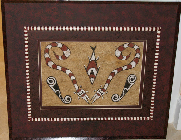 DOUBLE CUSTOM FRAMED Rare Tapa Kapa Bark Cloth (Called Kapa in Hawaii), from Lake Sentani, Irian Jaya, Papua New Guinea. Hand painted by a Tribal Artist with natural pigments: Abstract Stylized Motifs of Eels and Fish 32.25