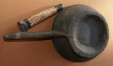 ANTIQUE 1800’s PRIMITIVE WOOD DISH WITH HANDLE IN THE SHAPE OF A BIRD’S HEAD: INCLUDED IS A BUFFALO BONE & WOOD POUNDER,  BOTH COLLECTED FROM A SHAMAN IN LOMBOK ISLAND, INDONESIA, 30 YEARS AGO, USED FOR BETEL HABIT & POTIONS.