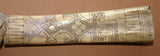 Older Timor Ethnic Authentic Tribal Lime Container (used during Betel Habit): Hand Carved Buffalo Bone receptacle with hand etched stylized Scrimshaw motifs of geckos, Hand Carved frog Wood stopper with Nassa Shells & Rattan Weave BN3