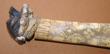 Older Timor Ethnic Authentic Tribal Lime Container (used during Betel Habit): Hand Carved Buffalo Bone receptacle with hand etched stylized Scrimshaw motifs of geckos, Hand Carved frog Wood stopper with Nassa Shells & Rattan Weave BN3