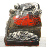 ANTIQUE HAND CARVED HAND PAINTED BETEL BOX FROM WEST JAVA, KOTAK, REPRESENTING AN ANCESTOR ON THE LID, A PROTECTIVE FIGURE PLACED THERE AS A GENERATOR OF GOOD FORTUNE FOR THE OWNER OF THE BOX: UNIQUE COLORFUL HANDMADE QUID CONTAINER FOR BETEL HABIT