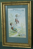 EPHEMERA AMERICANA WHIMSICAL ART: 1800's FRAMED ANTIQUE VICTORIAN ADVERTISING TRADE CARD: CLARK'S O.N.T, BOYS FLYING A KITE (DFPO1Q) ADORABLE LITTLE KID DESIGNER COLLECTOR COLLECTIBLE WALL DÉCOR UNIQUE BOY’S ROOM