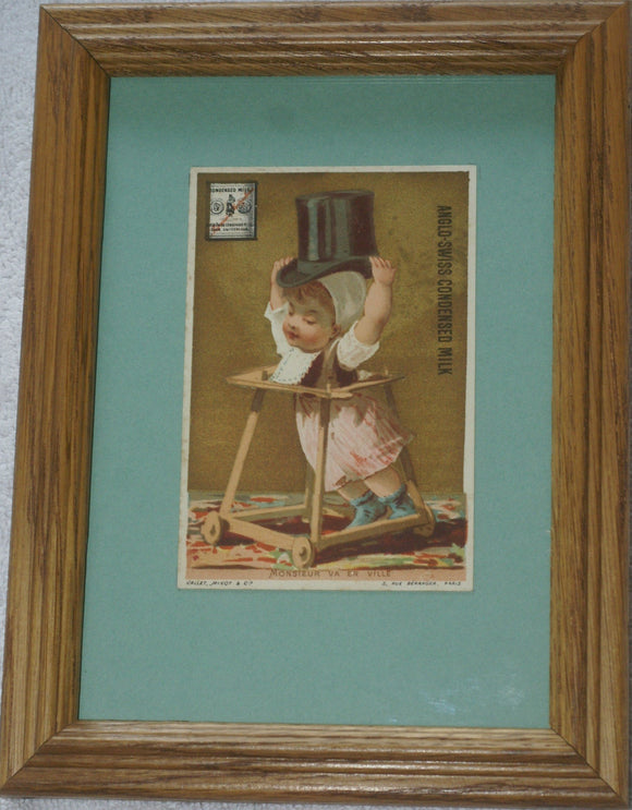EPHEMERA AMERICANA WHIMSICAL ART 1800's FRAMED ANTIQUE VICTORIAN ADVERTISING TRADE CARD: MILK-MAID BRAND, TOP HAT TOT (DFPO1S) DESIGNER COLLECTOR COLLECTIBLE WALL DÉCOR UNIQUE CUTE BABY WITH TOP HAT