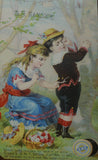 EPHEMERA AMERICANA WHIMSICAL ART: 1800's FRAMED ANTIQUE VICTORIAN ADVERTISING TRADE CARD: CLARK'S GIRL SEWS BOY'S PANTS (DFPO1T) HAND PAINTED FRAME BY ARTIST QUITE UNIQUE  COLLECTOR COLLECTIBLE WALL DÉCOR UNIQUE CHILD’S ROOM
