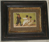 EPHEMERA AMERICANA WHIMSICAL ART: 1800's EXTREMELY RARE ANTIQUE VICTORIAN ADVERTISING TRADE CARD, Stowell & Co. Boston, FRAMED IN UNIQUE ANTIQUE FRAME, WITH MAT AND GLASS ADDED (DFPO1W) Triplets origami rooster man with whip