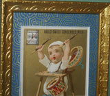 EPHEMERA AMERICANA WHIMSICAL ART: 1800's FRAMED ANTIQUE VICTORIAN ADVERTISING TRADE CARD: MILK-MAID BRAND DRUMMER KID (DFPO1Y) CUTE BABY FRAME HAND PAINTED BY ARTIST VINTAGE FRAME BABY ROOM DESIGNER COLLECTOR COLLECTIBLE WALL DÉCOR