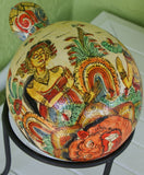 Unique Large Balinese Lime Gourd Hand painted with Wayang Kulit traditional & detailed motifs, Beautiful Kamasan Art depicting Ramayana Epic Scenes:  1G10, 11” tall. Betel habit paraphernalia. Collected in late 1900’s