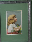 EPHEMERA AMERICANA WHIMSICAL ART: 1800's FRAMED ANTIQUE VICTORIAN ADVERTISING TRADE CARD: NIAGARA STARCH, GIRL PRAYING (DFPO1Z) HAND PAINTED VINTAGE FRAME DESIGNER COLLECTOR COLLECTIBLE WALL DÉCOR UNIQUE