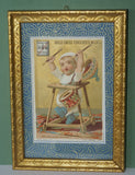 EPHEMERA AMERICANA WHIMSICAL ART: 1800's FRAMED ANTIQUE VICTORIAN ADVERTISING TRADE CARD: MILK-MAID BRAND DRUMMER KID (DFPO1Y) CUTE BABY FRAME HAND PAINTED BY ARTIST VINTAGE FRAME BABY ROOM DESIGNER COLLECTOR COLLECTIBLE WALL DÉCOR