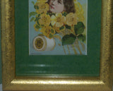 EPHEMERA AMERICANA WHIMSICAL ART: 1887 MATTED FRAMED WITH STAND, ANTIQUE AD VICTORIAN ADVERTISING TRADE CARD: J.& P. Coats GIRL YELLOW BOUQUET (DFPO1X) DESIGNER COLLECTOR COLLECTIBLE DELIGHTFUL WALL DÉCOR