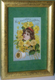 EPHEMERA AMERICANA WHIMSICAL ART: 1887 MATTED FRAMED WITH STAND, ANTIQUE AD VICTORIAN ADVERTISING TRADE CARD: J.& P. Coats GIRL YELLOW BOUQUET (DFPO1X) DESIGNER COLLECTOR COLLECTIBLE DELIGHTFUL WALL DÉCOR