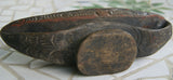 BETEL HABIT PARAPHERNALIA: UNIQUE RARE OLDER POLYCHROME COASTAL RAMU RIVER BETEL MORTAR, HAND CARVED, UNUSUAL CANOE SHAPED WITH BASE, COLOR PIGMENTS, NICE PATINA, COLLECTED IN THE FIELD, NEW GUINEA, MID 20TH CENTURY. 8” LONG
