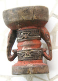 MORTAR, POUNDER HAND CARVED & DECORATED WITH NATURAL COLOR PIGMENTS, NICE PATINA, COLLECTED IN THE FIELD, NEW GUINEA, MID 20TH CENTURY. 4” HIGH