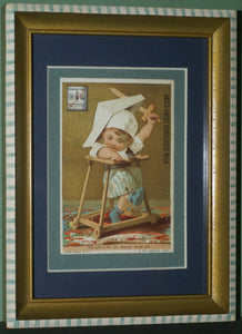 EPHEMERA AMERICANA WHIMSICAL ART: 1800's FRAMED ANTIQUE VICTORIAN ADVERTISING TRADE CARD: MILK-MAID BRAND SOLDIER KID (DFPO2E) ARTIST HAND PAINTED VINTAGE FRAME DESIGNER COLLECTOR COLLECTIBLE WALL DÉCOR UNIQUE