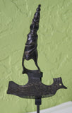 VINTAGE  HAND CARVED ETHNIC TRIBAL BUFFALO HORN CEREMONIAL HAIR COMB ORNAMENT WITH DISPLAY STAND,  VERY LARGE WITH CARVING OF FEMALE & ROOSTER, USED DURING FESTIVITIES, RITES OF PASSAGE AND SUCH, COLLECTED ON THE PREMISES, LATE 20TH CENTURY,  INDONESIA
