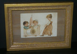 EPHEMERA AMERICANA WHIMSICAL ART: 1887 MATTED & FRAMED IN VINTAGE HAND PAINTED FRAME ANTIQUE VICTORIAN ADVERTISING TRADE CARD: J.& P Coats CHILDREN PLAYING (DFPO2N) DESIGNER COLLECTOR COLLECTIBLE DELIGHTFUL WALL DÉCOR