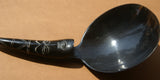 HAND CARVED ETHNIC TRIBAL BUFFALO HORN RICE OR LIME SCOOP VERY LARGE  SPOON USED DURING FESTIVITIES, RITES OF PASSAGE ETC... COLLECTED ON THE PREMISES IN THE LATE 20TH CENTURY,  INDONESIA , BETEL NUT PARAPHERNALIA, ITEM 250E: 10” X 4” ANCESTOR FACE HANDLE