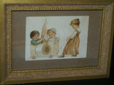 EPHEMERA AMERICANA WHIMSICAL ART: 1887 MATTED & FRAMED IN VINTAGE HAND PAINTED FRAME ANTIQUE VICTORIAN ADVERTISING TRADE CARD: J.& P Coats CHILDREN PLAYING (DFPO2N) DESIGNER COLLECTOR COLLECTIBLE DELIGHTFUL WALL DÉCOR