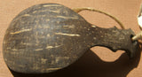 BETEL NUT HABIT PARAPHERNALIA COLLECTION: OLDER VERY RARE & UNIQUE ETHNIC HAND CARVED PRIMITIVE FESTOONED TRIBAL SPOON, HAND CARVED OUT OF COCONUT SHELL, TAMI ISLAND, HUON GULF, SOUTH SEAS, SP7C. GOOD PATINA