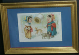 EPHEMERA AMERICANA WHIMSICAL ART: 1887 MATTED & FRAMED, ANTIQUE VICTORIAN ADVERTISING TRADE CARD: J.& P. Coats, WOMEN GOSSIP (DFPO2M). THE FRAME IS HAND PAINTED & VINTAGE DESIGNER COLLECTOR COLLECTIBLE WALL DÉCOR UNIQUE