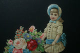 RARE EPHEMERA AMERICANA ANTIQUE WHIMSICAL ART 16 x 13” ORIGINAL 1880 LARGE VICTORIAN TRADE CARD AD DIE-CUT CHILD WHEELBARREL ROSES professionally framed in hand-painted detailed frame with 2 mats: DFPO2W WALL DÉCOR CUTE