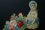 RARE EPHEMERA AMERICANA ANTIQUE WHIMSICAL ART 16 x 13” ORIGINAL 1880 LARGE VICTORIAN TRADE CARD AD DIE-CUT CHILD WHEELBARREL ROSES professionally framed in hand-painted detailed frame with 2 mats: DFPO2W WALL DÉCOR CUTE