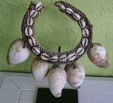 Rare Antique Luba Ceremonial Albino Cowrie Shell, Nassa, Rattan Necklace from the Ngada Tribe, Flores Island, Indonesia. 1960's Jai Dance Ornement with Black Display Stand. FLO1