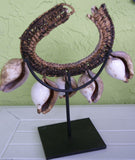 Rare Antique Luba Ceremonial Albino Cowrie Shell, Nassa, Rattan Necklace from the Ngada Tribe, Flores Island, Indonesia. 1960's Jai Dance Ornement with Black Display Stand. FLO1