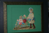 RARE EPHEMERA AMERICANA ANTIQUE WHIMSICAL ART 16 x 13” ORIGINAL 1880 LARGE VICTORIAN TRADE CARD AD DIE-CUT CHILD WHEELBARREL ROSES professionally framed in hand-painted detailed frame with 2 mats: DFPO2W WALL DÉCOR CUTE