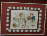 EPHEMERA AMERICANA WHIMSICAL ART: ANTIQUE 1887 FRAMED IN ARTIST HAND PAINTED DOUBLE FRAME & MATTED PROFESSIONALLY, ANTIQUE VICTORIAN ADVERTISING TRADE CARD: J.& P Coats, AD LOVE COURTING (DFPO2T) DESIGNER COLLECTOR COLLECTIBLE DELIGHTFUL WALL DÉCOR