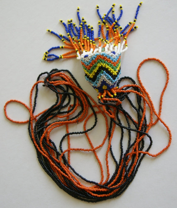 Unique Tribal Old Hand Crafted Colorful Rare Magic Spiritual Glass Trade Beads & Tassel Necklace, Ethnic Orang Ulu Ceremonial Status Symbol, Currency, Bride Price, collected in late 1900’s, Borneo, Kalimantan. NB14 orange blue yellow green white black
