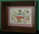 EPHEMERA AMERICANA WHIMSICAL ART: 1887 FRAMED PROFESSIONALLY IN HAND PAINTED FRAME BY ARTIST AND MATTED, ANTIQUE VICTORIAN ADVERTISING TRADE CARD: J.& P Coats, GOSSIPERS WOMEN (DFPO2U) DESIGNER COLLECTOR COLLECTIBLE DELIGHTFUL WALL DÉCOR