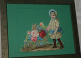 RARE EPHEMERA AMERICANA ANTIQUE WHIMSICAL ART 16 x 13” ORIGINAL 1880 LARGE VICTORIAN TRADE CARD AD DIE-CUT CHILD WHEELBARREL ROSES professionally framed in hand-painted detailed frame with 2 mats: DFPO2W WALL DÉCOR CUTE