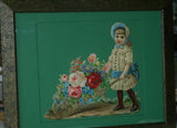 RARE EPHEMERA AMERICANA ANTIQUE WHIMSICAL ART 16 x 13” ORIGINAL 1880 LARGE VICTORIAN TRADE CARD AD DIE-CUT CHILD WHEELBARREL ROSES professionally framed in hand-painted detailed frame with 2 mats: DFPO2W WALL DÉCOR CUTE