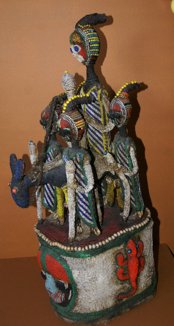 SOLD  Antique Benin Yoruba Tribe Oba Stunning Multicolor Hand beaded & Nassa Shells Ceremonial Crown or Altar Headdress from Nigeria, Sub Sahara, West Africa, 1950’s, from Private Collection & as seen in Museums