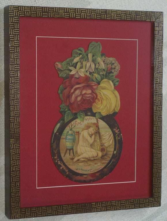 RARE EPHEMERA AMERICANA ANTIQUE WHIMSICAL ART, FRAMED ORIGINAL 1880 LARGE VICTORIAN TRADE CARD AD EPHEMERA SUPERB DIE-CUT, ITEM DFPO2Y, HAND PAINTED DETAILED FRAME, 2 RED MATS 15