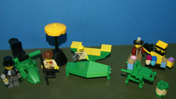 LEGO ADVENTURERS ORIENT EXPEDITION, RARE RETIRED MINIFIGURES YEAR 2003:  LORD SAM SINISTER, JOHNNY THUNDER, BARON VON BARRON & PIPPIN REED & TABLE, COUCH, UMBRELLA, TREASURE SPOTTING VEHICLE, 2 FOOD CARTS,  STOOL & ACCESSORIES.  KIT 70