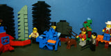 9 NOW RARE WESTERN COWBOYS RETIRED MINIFIGURES FROM KIT 6755 (1996) IN GOOD CONDITION, D0G, 12 CUSTOM BUILDS, PINE TREES, THRONE, ATTACK TRACTOR, PADDLE BOAT, ROBOT, FOOD STAND, BENCH, PULPIT ETC.. TOTAL PIECES: 265 PCS. KIT No 75