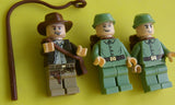 3 RARE LEGO RETIRED HIGHLTY COLLECTIBLE MINIFIGURES INDIANA JONES iaj044 7196 WITH GRIN (SMILE) HAT, SATCHEL & WHIP + 2 RUSSIAN SOLDIERS OR GUARDS (GREEN UNIFORMS) WITH CAPS & BACKPACKS iaj013 (kits 7625 & 7626) ITEM 77 Year 2008 16 PIECES