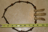 Unique Vintage Hand crafted Ethnic Glass Trade Beads, Rudhaccha Seeds & Seed Beads Necklace with 3 Buffalo Bone Hand Carved Pendants of Protective Ancestor Effigies for Good Luck, Health & Prosperity, Borneo, Indonesia NECK16 + 1 Flapper Coconut necklace.