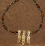 Unique Vintage Hand crafted Ethnic Glass Trade Beads, Rudhaccha Seeds & Seed Beads Necklace with 3 Buffalo Bone Hand Carved Pendants of Protective Ancestor Effigies for Good Luck, Health & Prosperity, Borneo, Indonesia NECK16 + 1 Flapper Coconut necklace.