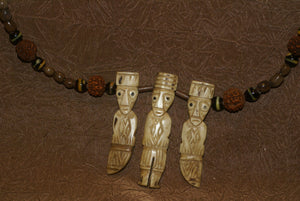 Unique Vintage Hand crafted Ethnic Glass Trade Beads, Rudhaccha Seeds & Seed Beads Necklace with 3 Buffalo Bone Hand Carved Pendants of Protective Ancestor Effigies for Good Luck, Health & Prosperity, Borneo, Indonesia NECK16 + 1 Flapper Coconut necklace.