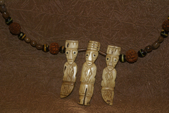 Unique Vintage Hand crafted Ethnic Glass Trade Beads, Rudhaccha Seeds & Seed Beads Necklace with 3 Buffalo Bone Hand Carved Pendants of Protective Ancestor Effigies for Good Luck, Health & Prosperity, Borneo, Indonesia NECK16 + 1 Flapper Coconut necklace.