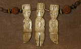 Unique Vintage Hand crafted Ethnic Glass Trade Beads, Rudhaccha Seeds & Seed Beads Necklace with 3 Buffalo Bone Hand Carved Pendants of Protective Ancestor Effigies for Good Luck, Health & Prosperity, Borneo, Indonesia NECK16 + 1 Flapper Coconut necklace.