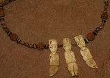 Unique Vintage Hand crafted Ethnic Glass Trade Beads, Rudhaccha Seeds & Seed Beads Necklace with 3 Buffalo Bone Hand Carved Pendants of Protective Ancestor Effigies for Good Luck, Health & Prosperity, Borneo, Indonesia NECK16 + 1 Flapper Coconut necklace.