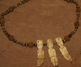 Unique Vintage Hand crafted Ethnic Glass Trade Beads, Rudhaccha Seeds & Seed Beads Necklace with 3 Buffalo Bone Hand Carved Pendants of Protective Ancestor Effigies for Good Luck, Health & Prosperity, Borneo, Indonesia NECK16 + 1 Flapper Coconut necklace.