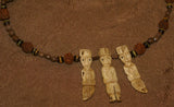 Unique Vintage Hand crafted Ethnic Glass Trade Beads, Rudhaccha Seeds & Seed Beads Necklace with 3 Buffalo Bone Hand Carved Pendants of Protective Ancestor Effigies for Good Luck, Health & Prosperity, Borneo, Indonesia NECK16 + 1 Flapper Coconut necklace.