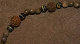 Unique Vintage Hand crafted Ethnic Glass Trade Beads, Rudhaccha Seeds & Seed Beads Necklace with 3 Buffalo Bone Hand Carved Pendants of Protective Ancestor Effigies for Good Luck, Health & Prosperity, Borneo, Indonesia NECK16 + 1 Flapper Coconut necklace.