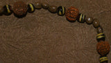 Unique Vintage Hand crafted Ethnic Glass Trade Beads, Rudhaccha Seeds & Seed Beads Necklace with 3 Buffalo Bone Hand Carved Pendants of Protective Ancestor Effigies for Good Luck, Health & Prosperity, Borneo, Indonesia NECK16 + 1 Flapper Coconut necklace.